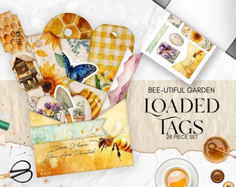 Bee Themed Loaded Tags, Printable Honey Bee Ephemera for Scrapbooking, Nature Inspired Craft Supplies