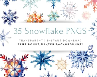 35 Copos de nieve de invierno clipart PNG, imágenes prediseñadas de nieve de acuarela de invierno digital para uso comercial con fondo transparente, imágenes prediseñadas de Navidad
