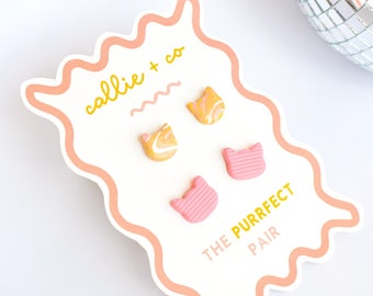 Cat Stud Earring Set | Handmade Gifts | Hypoallergenic | Lightweight | Clay Earrings | Orange/Pink