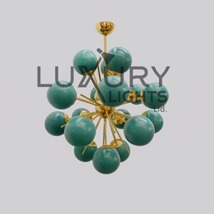 Beautifully Crafted Sputnik Ceiling Fixture 18 Teal Green Glass Balls Chandelier Light Stilnovo Brass Ceiling Lighting