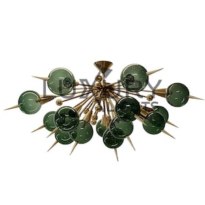 Italian Stilnovo Style Modern Brass 14 Green Glass Ball 1950&#39;s Chandelier Sputnik Ceiling Light Stilnovo Lamp Lighting