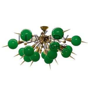 Mid-Century Italian Stilnovo Brass Chandelier with 14 Green Glass Globes – Elegant 1950s Sputnik Ceiling Light