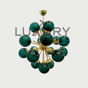Aesthetically Crafted Sputnik Ceiling Fixture 18 Green Glass Balls Chandelier Light Stilnovo Brass Ceiling Lighting