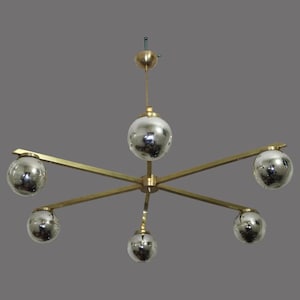 Modern Italian Stilnovo Brass Chandelier – 6 Arms, Glass Globes, 1950s Sputnik Style Ceiling Light