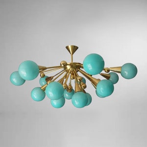 Stilnovo Styles Aqua color Glass Balls 1950s Sputnik Brass Italian Lamp Ceiling Chandelier Lighting