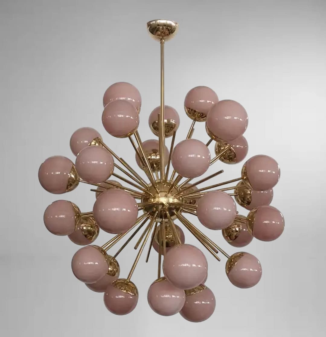 Stilnovo Style Sputnik Chandelier: Brass & Pink Glass, 1950s Italian ...