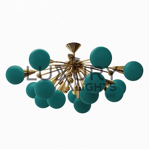 Stilnovo Styles Teal Green Glass Balls 1950s Sputnik Brass Italian Ceiling Lamp Lighting