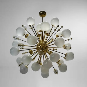 Stilnovo Style Brass Milky Glass Ball 1950&#39;s Chandelier Sputnik Italian Lamp Light