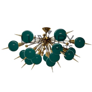 Modern Italian Stilnovo Style Brass Chandelier 14 Solid Green Color Glass Ball 1950&#39;s Sputnik Style Ceiling Light Stilnovo Lamp Lighting