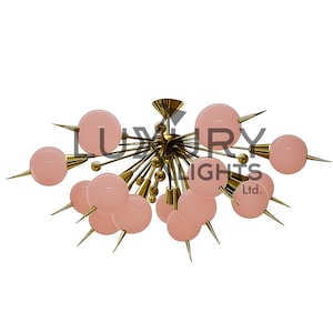 Italian Mid-Century Stilnovo Brass Chandelier with 14 Solid Green Glass Balls – 1950s Sputnik Style Ceiling Lamp