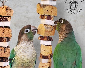 Skewer Chewer | Refillable Stainless Hanging Skewer | Hanging Parrot Toy | Natural Cork, Balsa, and Mahogany | Safe Bird Foraging Toy