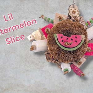 May include: A bird toy featuring a central brown fibrous disc adorned with a wooden watermelon slice cutout. The toy includes various wooden shapes, white cylinders, and colourful beads strung on leather cords, with the text Lil Watermelon Slice.