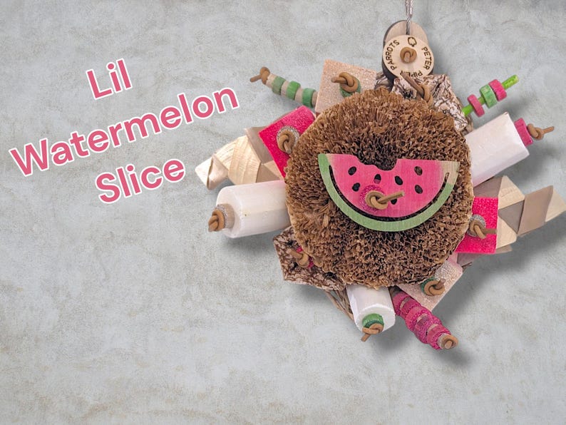 May include: A bird toy featuring a central brown fibrous disc adorned with a wooden watermelon slice cutout. The toy includes various wooden shapes, white cylinders, and colourful beads strung on leather cords, with the text Lil Watermelon Slice.