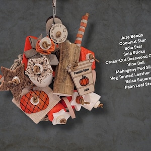 May include: A bird toy featuring jute beads, a coconut star, sola stars, sola sticks, cross-cut basswood cutouts, a vine ball, mahogany pod slices, veg tanned leather ribbon, a balsa square, and a palm leaf star with a Pumpkin Spice Latte tag.