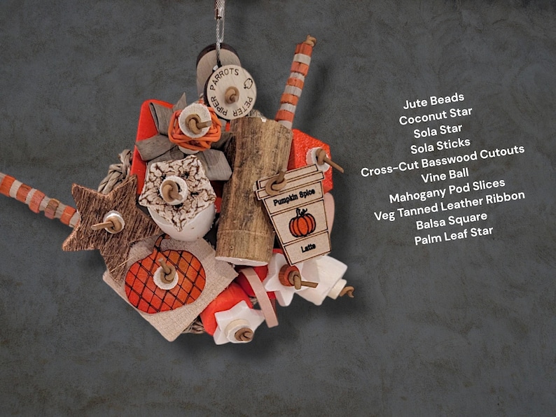 May include: A bird toy featuring jute beads, a coconut star, sola stars, sola sticks, cross-cut basswood cutouts, a vine ball, mahogany pod slices, veg tanned leather ribbon, a balsa square, and a palm leaf star with a Pumpkin Spice Latte tag.