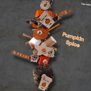 May include: A hanging bird toy featuring orange and natural wood components, including star-shaped pieces, cylindrical blocks, and textured brown elements. Two tags are attached, each printed with a pumpkin illustration and the text Pumpkin Spice Latte.