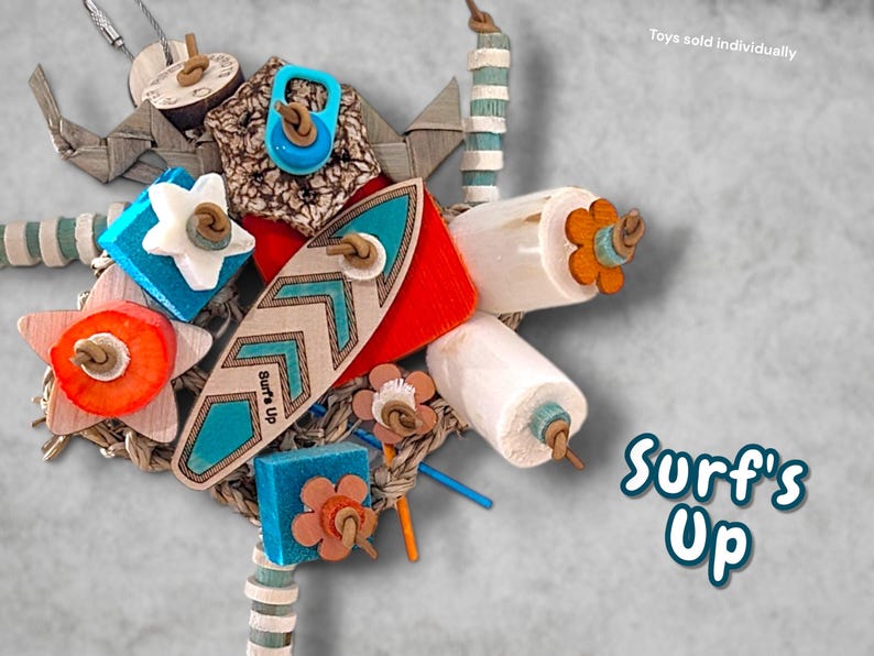 May include: A multi-textured bird toy featuring a central wooden surfboard shape with the text Surf's Up, surrounded by colourful wooden blocks, star-shaped pieces, and cylindrical beads strung on leather cords, with additional text Toys sold individually.