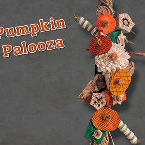 May include: A vertical bird toy featuring orange pumpkin-shaped wooden pieces with black line patterns, a white flower-shaped element, green and white striped beads, and textured wooden blocks, with the text Pumpkin Palooza in orange.