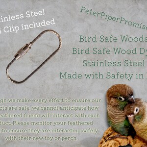 May include: A stainless steel flexi clip with a screw-lock mechanism. Text on the image reads: Stainless Steel Flexi Clip included, PeterPiperPromise, Bird Safe Woods, Bird Safe Wood Dye, Stainless Steel, Made with Safety in Mind, and a disclaimer.