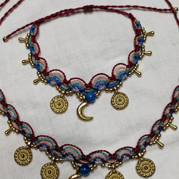 parure "jour nuit" collier et bracelet avec perle agate bleue et charms en laiton