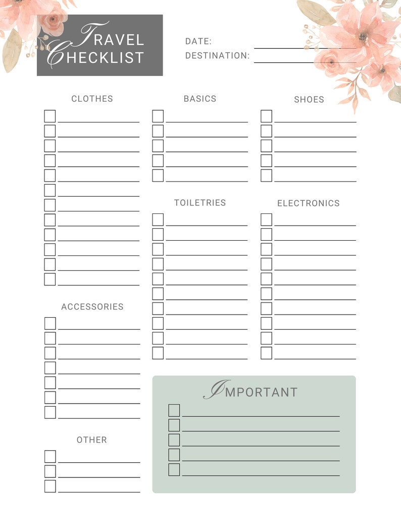 Traveling Checklist Printable Travel Checklist PDF Travel Checklist Traveling Checklist Printable Travel Checklist PDF Travel Checklist