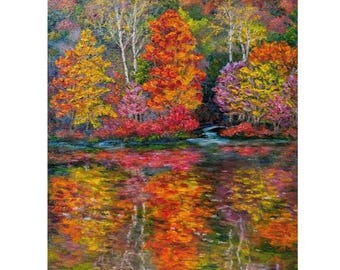 秋の湖面の反射を描いた油絵：キャンバスに描かれたオリジナル風景画、手描き、一点もの