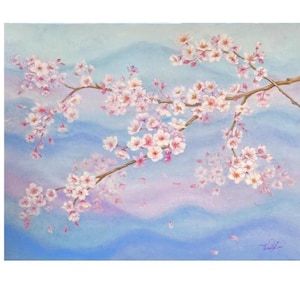 May include: An oil painting on canvas depicting a blooming cherry blossom branch with delicate light pink and white flowers. The background features soft, blended waves of pale blue and lavender hues, with a few scattered petals falling.