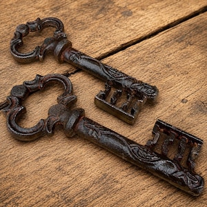 May include: Two antique-style decorative keys with ornate designs. The keys are dark brown with reddish-brown accents, set against a rustic wooden background. The keys have detailed floral patterns and are likely made of cast iron.