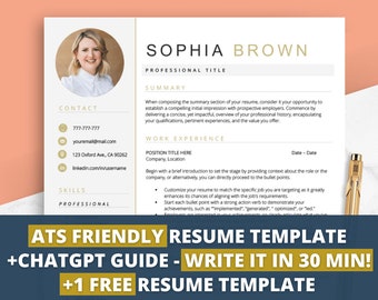 Professional Resume Template with Photo, 1-3 Page CV with Picture for Word and Pages, ATS Friendly Job Application, Cover Letter Template
