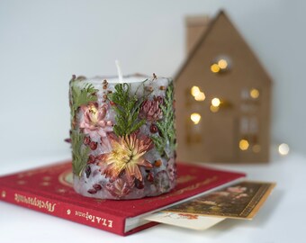 Flower and Thuja Scented Candle for Fall or Christmas Decor