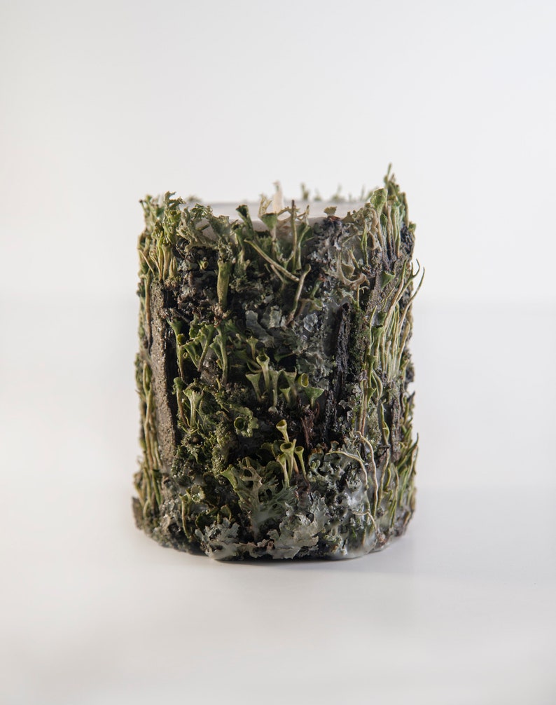 May include: A white candle with a green moss and bark design. The candle is shaped like a cylinder and has a rough texture.