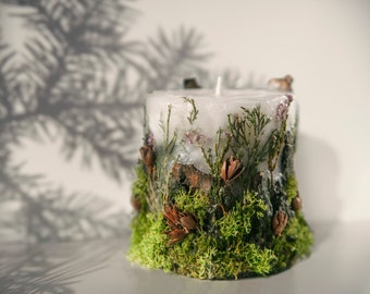 Wood scented candle, cool forest candle of soy wax decorated with stabilized moss,