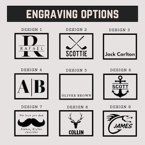 May include: Image displaying nine engraving design options. Designs feature initials, names, and graphics such as crossed golf clubs, an anchor, a mustache, a deer, and a stylized dragon. The text "ENGRAVING OPTIONS" is at the top.