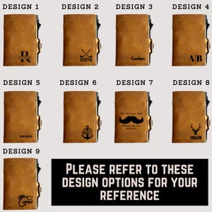 May include: A range of brown wallets, each featuring a unique design. Designs include initials, names, and symbols such as golf clubs, an anchor, a deer, and a mustache. The text "PLEASE REFER TO THESE DESIGN OPTIONS FOR YOUR REFERENCE" is also visible.