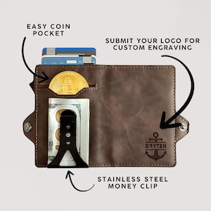 May include: Brown leather wallet with an easy coin pocket and stainless steel money clip. The wallet contains a Bitcoin coin, cash, and cards. The text reads "Submit your logo for custom engraving" and "Bryten" with an anchor logo.