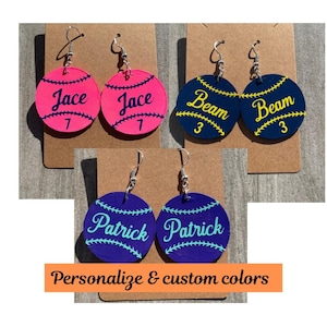 Baseball personalized name earrings, player name and number earrings, baseball mom accessories, custom color earrings,custom team colors