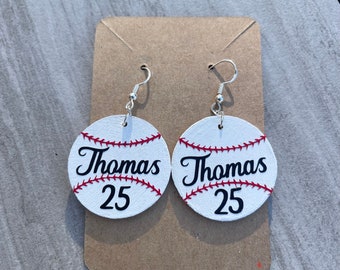 Baseball personalized name earrings, player name and number earrings, baseball mom accessories, customized sports fan earrings, baseball