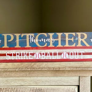 personalized baseball gift for pitcher, baseball decor, sports fan sign, baseball sign, American flag, baseball player gift, gift for him