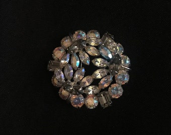 Vintage Signed Sherman Aurora Borealis AB Round Rhinestone Brooch Pin