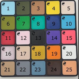 Puede incluir: Una paleta de colores cuadrada con 25 muestras de colores numeradas. Los colores incluyen azul claro, verde oliva, marr&oacute;n, amarillo, beige, verde lima, verde esmeralda, verde azulado, azul marino y azul claro. Otros colores son rojo, rosa claro, negro, morado y rosa fuerte.