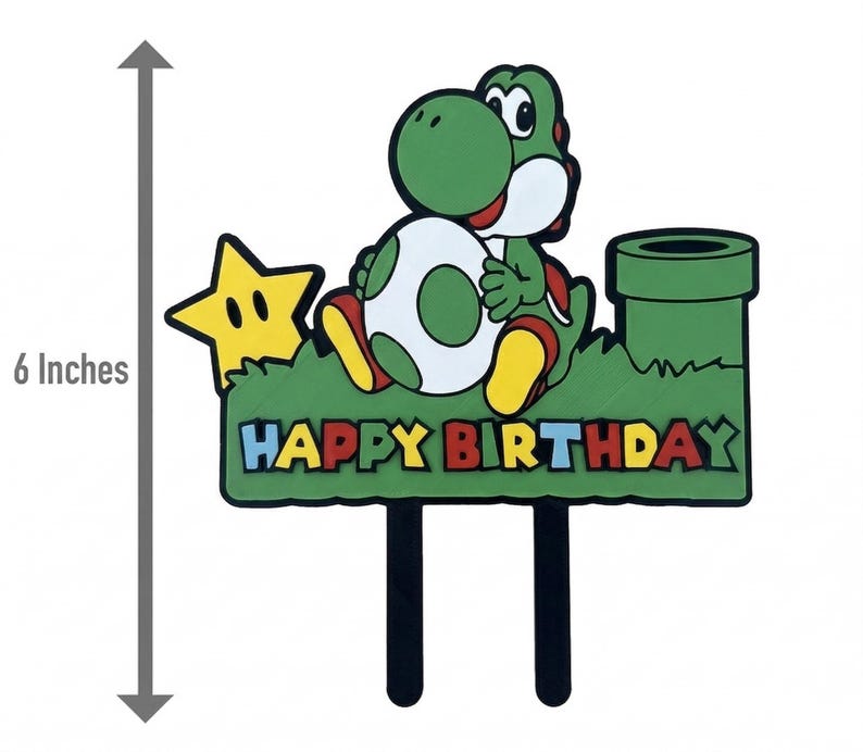 May include: A 15 cm tall birthday cake topper featuring Yoshi from the Super Mario Bros. series. Yoshi is green with a white and green egg, sitting on a green base with a yellow star and a green pipe. The words "HAPPY BIRTHDAY" are displayed.