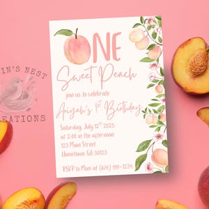 One Sweet Peach Watercolor First Birthday Customized Invitation, Digital Download