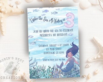 May include: A birthday party invitation with a watercolour design. The text reads "Under the Sea McKinley is 3" with details including the date, time, and location. A mermaid illustration is featured.