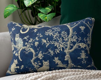 Blue Cat Chinoiserie Lumbar Pillow, Floral Art Nouveau Cozy Home Decor, Gift for Her, William Cottage Farmhouse Spring Accent Cushion
