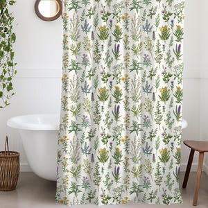 Wildflower Herb Shower Curtain, Floral Green Bathroom Decor, Nature Botanical Housewarming gift, Home Decor, Gift for mom