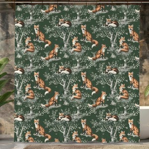 Fox Toile Shower Curtain, Woodland Green Bathroom Decor, Animal Cottage Housewarming gift, Gift for friend, Gift for mom, Gift for her