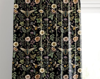 Green Wildflower Curtains, Floral Witchy Window Blockout Drapes for Bedroom Living Room, Gothic Home Decor, Sheer Window Curtain