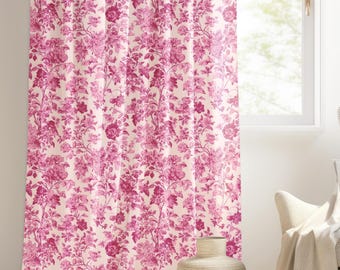 Hot Pink Chinoiserie Curtains, Floral Toile Cottage Blockout Drapes for Bedroom Living Room, Farmhouse Home Decor, Sheer Window Curtain