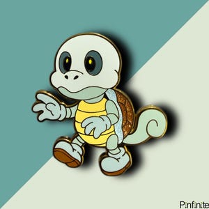 May include: A cartoon-style pin featuring a turtle-like creature with a yellow striped shell and light blue accents. The pin has a gold outline and a glittery brown shell. The creature is walking with one arm raised. The pin is on a teal and light green background.