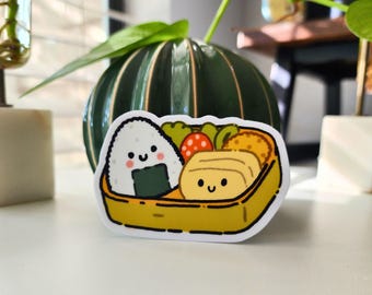 Kawaii Bento Box Sticker: Smiling Onigiri & Tamagoyaki Vinyl Decal